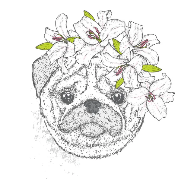 Ein schöner Mops im Lilienkranz. schöner Welpe im Blumenkranz. Rassehund. Vektor-Illustration für eine Postkarte oder ein Poster, Druck für Kleidung. — Stockvektor