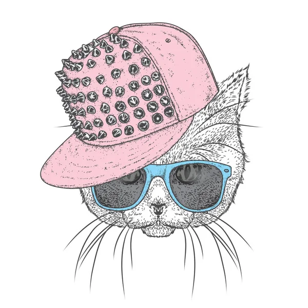 スパイクとメガネとキャップでかわいい子猫。ポストカードやポスターのベクトル図です。面白い猫。服の動物. — ストックベクタ