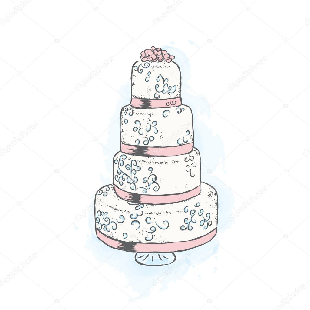 Beautiful wedding cake. Vector illustration. Vintage. Watercolor.