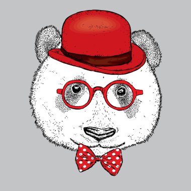 Şapka, gözlük ve bir kravat ile güzel bir panda. Vektör çizim. Ayı.