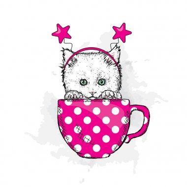 Bir fincan kafasında şenlikli bir RIM ile sevimli bir yavru. Vektör çizim bir kartpostal veya poster için.