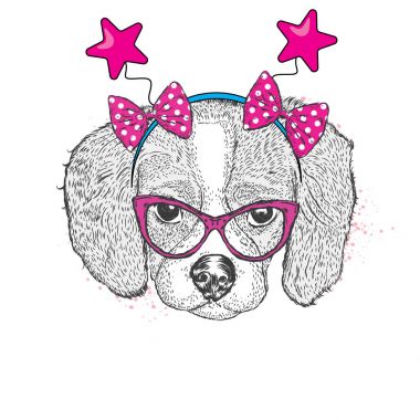 Yıldız ile şenlikli Halka'da şirin köpek yavrusu. Vektör çizim için bir kartpostal veya bir poster. Safkan köpek.