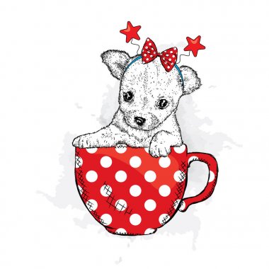 Yay ile şirin köpek yavrusu bir kaba oturur. Bir kartı veya poster için vektör çizim. Komik köpek.