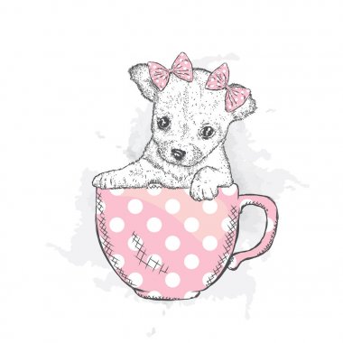 Yay ile şirin köpek yavrusu bir kaba oturur. Bir kartı veya poster için vektör çizim. Komik köpek.