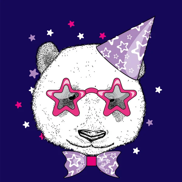 Cute panda in a celebratory cap and funny glasses. Vector illustration. Postcard or poster, print on clothes. A party. — Stock Vector