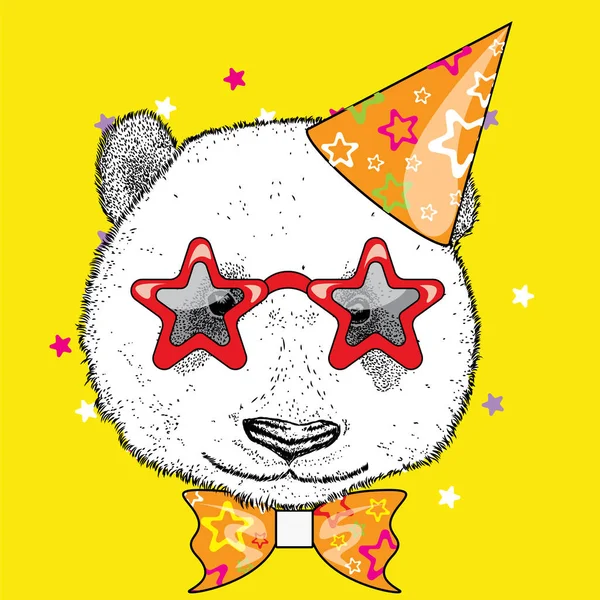 Cute panda in a celebratory cap and funny glasses. Vector illustration. Postcard or poster, print on clothes. A party. — Stock Vector