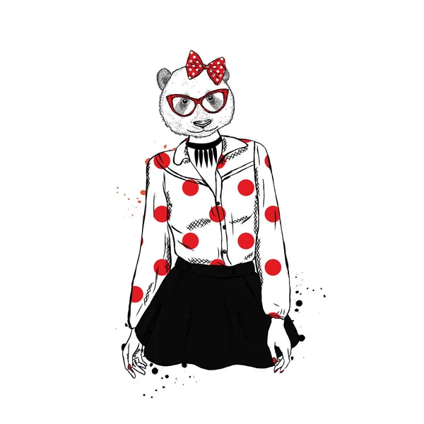 La muchacha hermosa - el panda en la falda y la blusa. Una chica con cabeza de gato. Ilustración vectorial . — Vector de stock