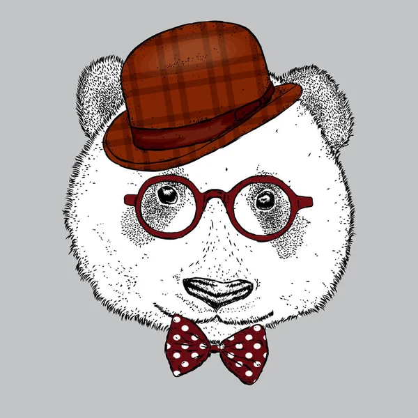 Um lindo panda com chapéu, óculos e gravata. Ilustração vetorial. Urso . — Vetor de Stock