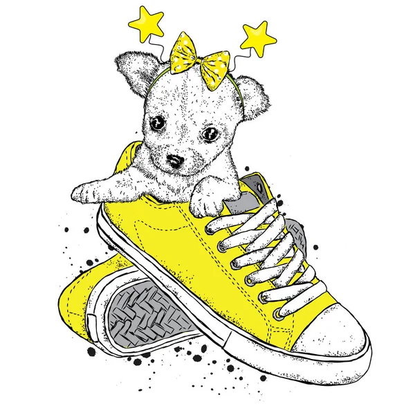 Un lindo cachorro con arcos se sienta en zapatillas de deporte. Ilustración vectorial. Hermoso perro . — Vector de stock
