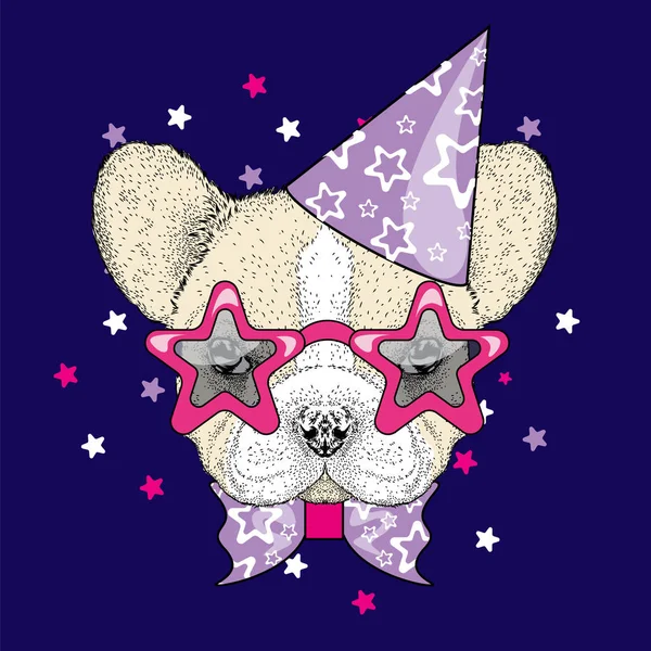 French bulldog in a celebratory cap and funny glasses. Vector illustration. Postcard or poster, print on clothes. A party. — Stock Vector