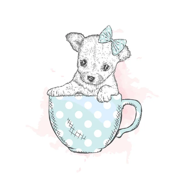 Cute puppy with bow sits in a cup. Vector illustration for a card or poster. Funny dog. — Stock Vector