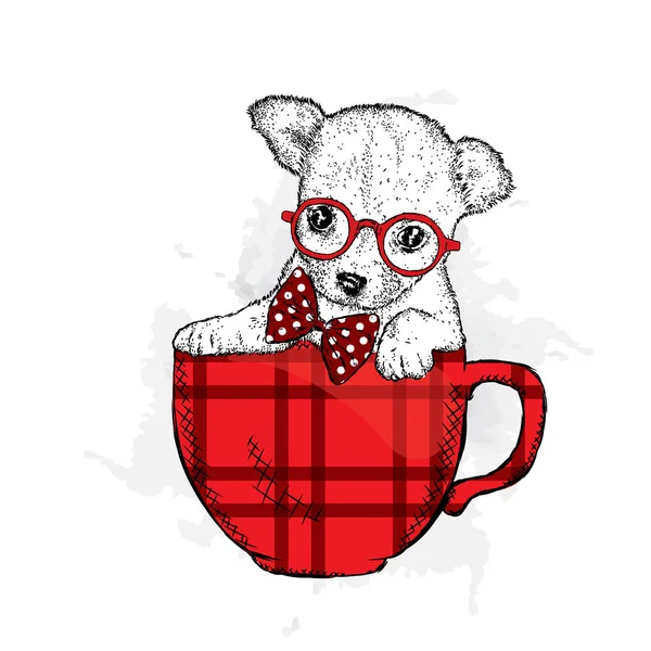 Симпатичный щенок в очках сидит в чашке. Векторная иллюстрация для открытки или плаката. Смешная собака . — стоковый вектор