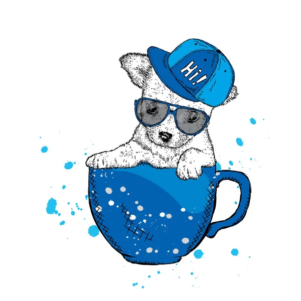 Cute puppy with glasses and a cap sits in a cup. Vector illustration for a card or poster. Funny dog. — Stock Vector