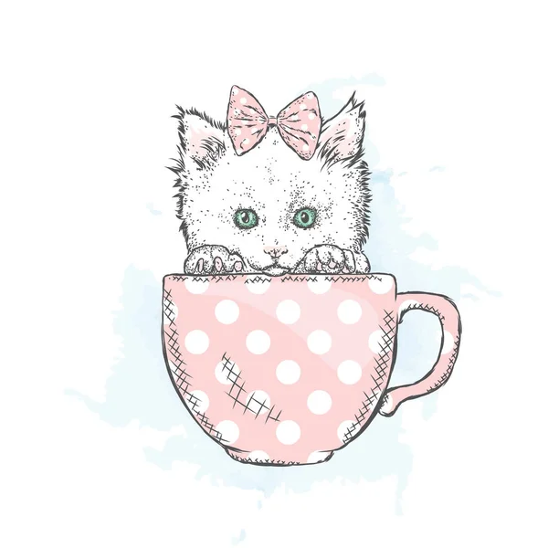 Милый котенок в чашке. Векторная иллюстрация . — стоковый вектор