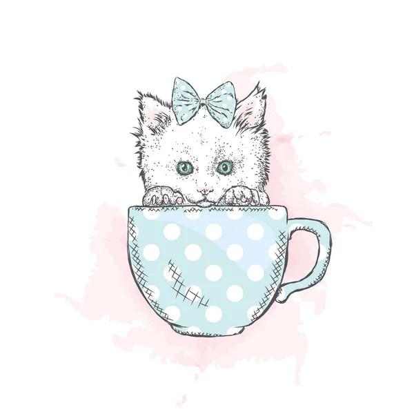 Милый котенок в чашке. Векторная иллюстрация . — стоковый вектор