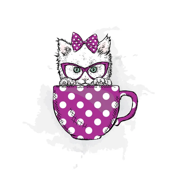 Chaton mignon dans une tasse. Illustration vectorielle . — Image vectorielle