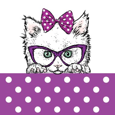 Sevimli kedicik gözlük ve bir yay. Vektör çizim. Güzel kedi.