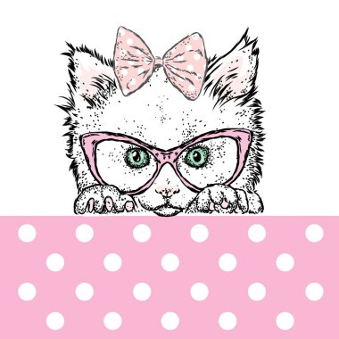 Sevimli kedicik gözlük ve bir yay. Vektör çizim. Güzel kedi.