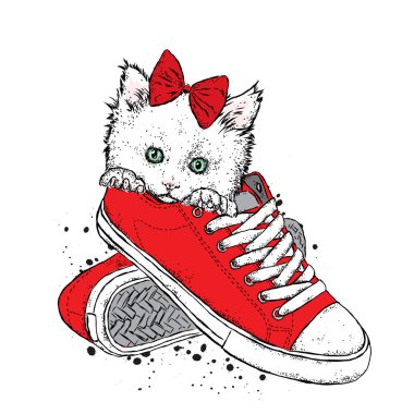 Şirin bir kedi yavrusu bir yay ile spor ayakkabı içinde oturur. Vektör çizim. Güzel kedi.