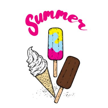 Güzel dondurma kümesi. Beyaz dolgu gözleme içindeki bir sopa ve meyve üzerinde çubuklu dondurmayı buz. Vektör çizim.