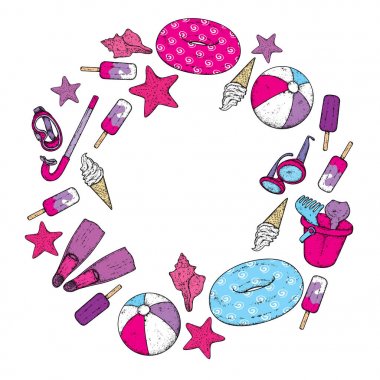 Beautiful set of beach accessories. Ball, baby bucket with toys, inflatable circle, mask and snorkel, ice cream, sunglasses, shell and starfish. Vector illustration. Summer, sea and vacation. clipart