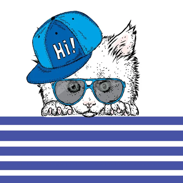 Niedliches Kätzchen mit Brille und Mütze. Vektorillustration. schöne Katze. — Stockvektor