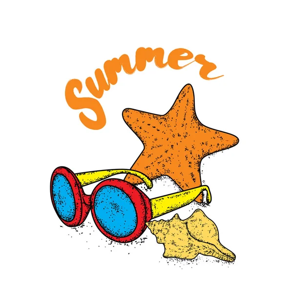 Lunettes de soleil multicolores, étoile de mer et coquille. Illustration vectorielle. Mer et vacances . — Image vectorielle