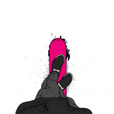 Kot pantolon ve spor ayakkabı giyen şık bir patenci. Kaykay mı? Bir kartpostal ya da poster için vektör çizimi, giysiler için baskı. Sokak kültürleri.