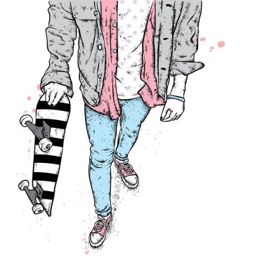 Kot pantolon ve spor ayakkabı giyen şık bir patenci. Kaykay mı? Bir kartpostal ya da poster için vektör çizimi, giysiler için baskı. Sokak kültürleri.