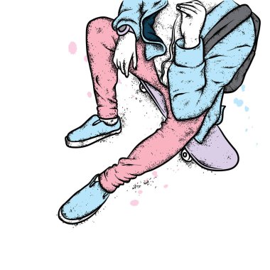 Kot pantolon ve spor ayakkabı giyen şık bir patenci. Kaykay mı? Bir kartpostal ya da poster için vektör çizimi, giysiler için baskı. Sokak kültürleri.