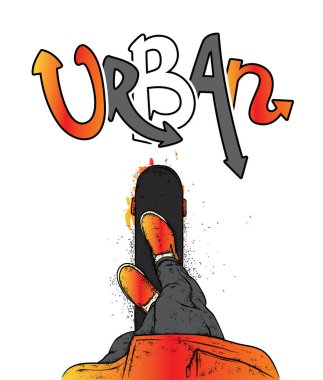 Kot pantolon ve spor ayakkabı giyen şık bir patenci. Kaykay mı? Bir kartpostal ya da poster için vektör çizimi, giysiler için baskı. Sokak kültürleri.