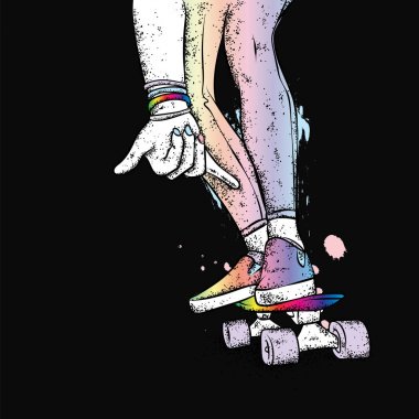 Kot pantolon ve spor ayakkabı giyen şık bir patenci. Kaykay mı? Bir kartpostal ya da poster için vektör çizimi, giysiler için baskı. Sokak kültürleri.