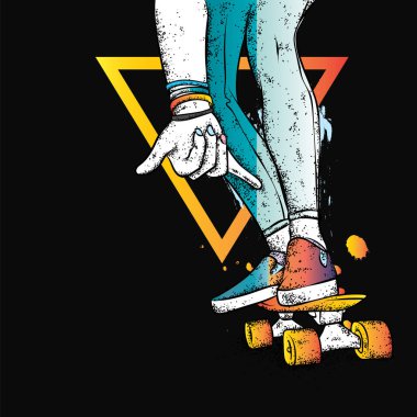 Kot pantolon ve spor ayakkabı giyen şık bir patenci. Kaykay mı? Bir kartpostal ya da poster için vektör çizimi, giysiler için baskı. Sokak kültürleri.