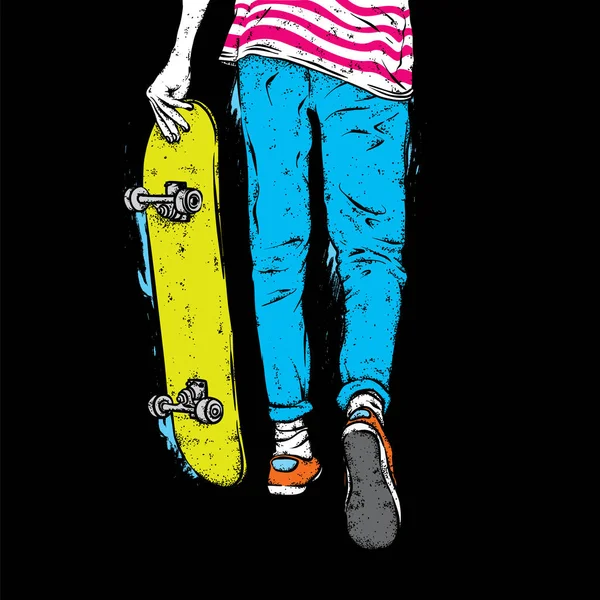 Patineur élégant en jeans et baskets. Skateboard. Illustration vectorielle pour une carte postale ou une affiche, impression pour vêtements. Cultures de rue. — Image vectorielle