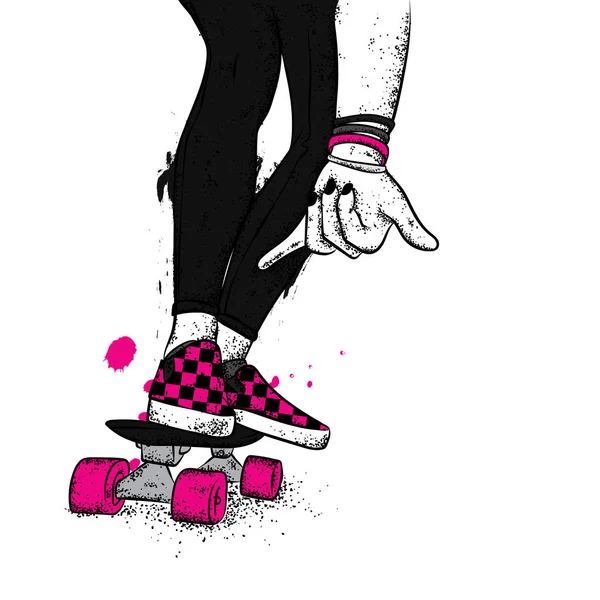 Kot pantolon ve spor ayakkabı giyen şık bir patenci. Kaykay mı? Bir kartpostal ya da poster için vektör çizimi, giysiler için baskı. Sokak kültürleri.
