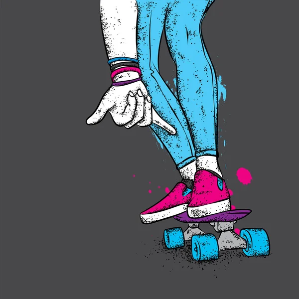 Kot pantolon ve spor ayakkabı giyen şık bir patenci. Kaykay mı? Bir kartpostal ya da poster için vektör çizimi, giysiler için baskı. Sokak kültürleri.