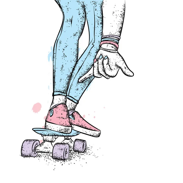Стильный фигурист в джинсах и кроссовках. Скейтборд. Векторная иллюстрация для открытки или плаката, печать одежды. Уличные культуры. — стоковый вектор