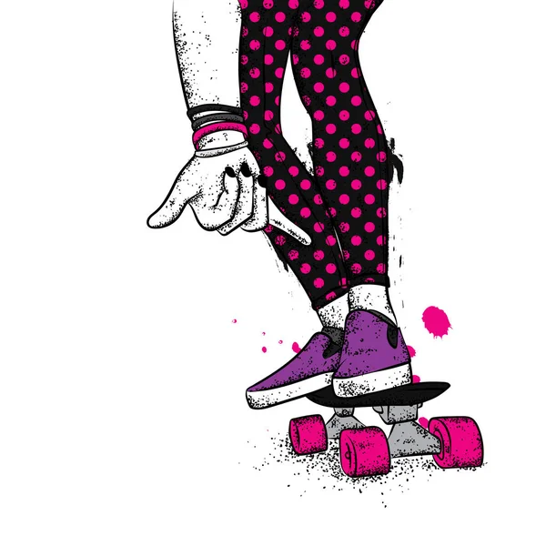 Snygg skridskoåkare i jeans och sneakers. Skateboard. Vektor illustration för ett vykort eller en affisch, tryck för kläder. Gatukulturer. — Stock vektor