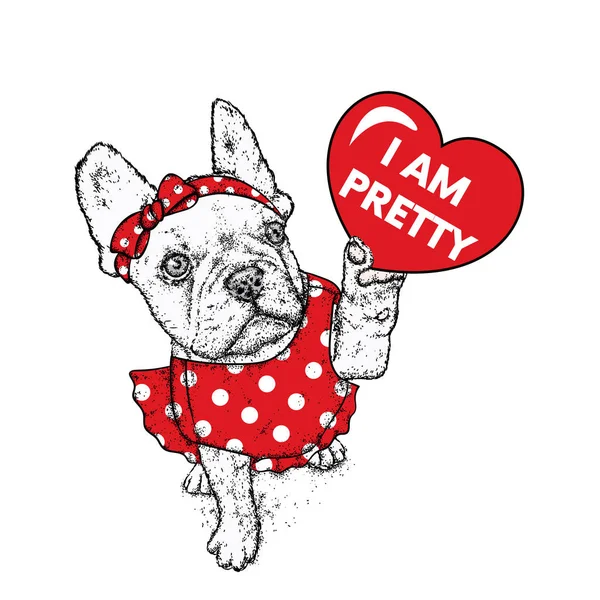 Schöner Hund im Kleid und mit Schleife. reinrassige Welpen. Französische Bulldogge. Vektorillustration für eine Postkarte oder ein Poster, Druck für Kleidung oder Druckerzeugnisse. — Stockvektor