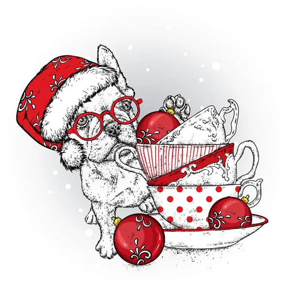 A funny bulldog with glasses and a hat, with vintage cups and Christmas balls. New Year's and Christmas. Vector illustration for a holiday greeting card or poster. Pedigree dog. Puppy.