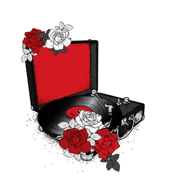 Vintage record player vinyl records and roses. Vintage. Music. Vector illustration for a postcard or a poster. — Stock Vector