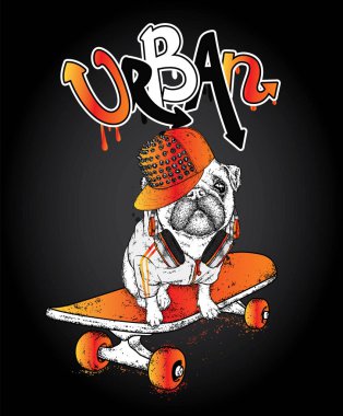 Bir kaykay üzerinde komik boksör. Vektör çizim. Safkan köpek. Bir kap ve kulaklıklar giyen köpek yavrusu.