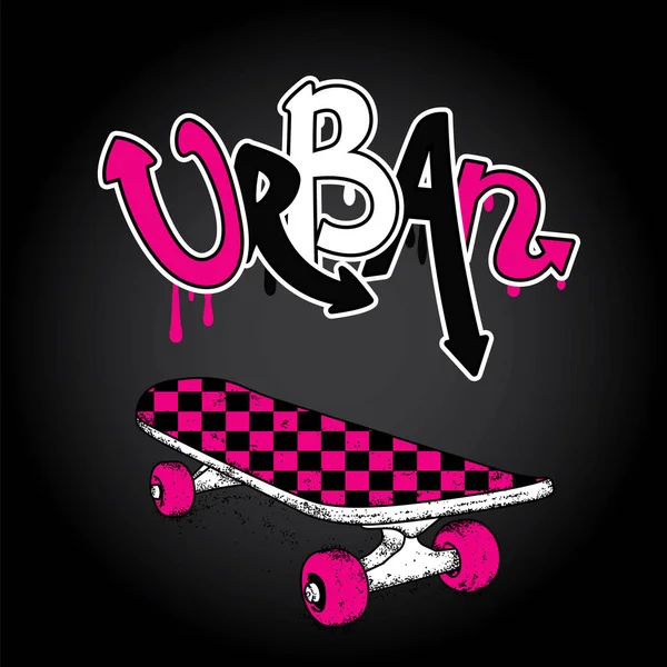 Граффити с надписью "Городской" и скейтбордом. Векторная иллюстрация. Многоцветный скейтборд . — стоковый вектор