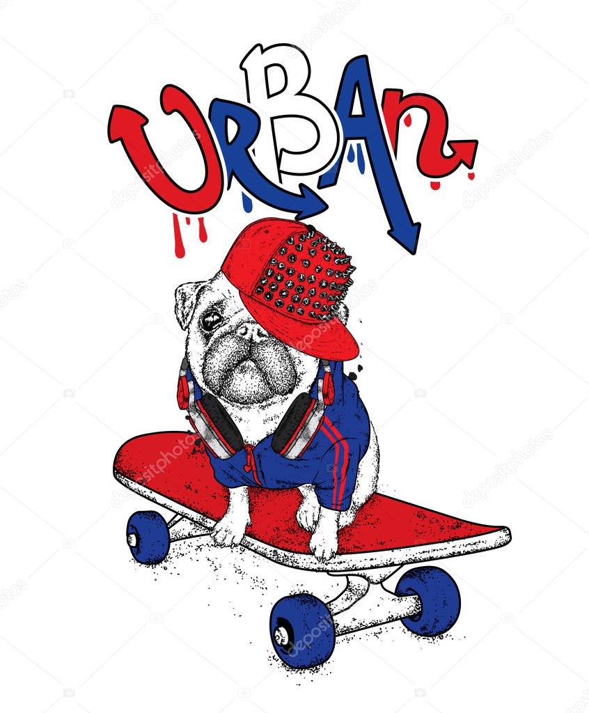 Funny pug on a skateboard. Vector illustration. Pedigree dog. Puppy wearing a cap and headphones.