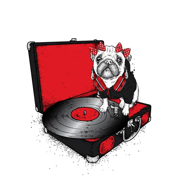 Funny pug with a bow sits on the turntable for vinyl records. Beautiful thoroughbred dog. Vector illustration. Cute puppy. — Stock Vector