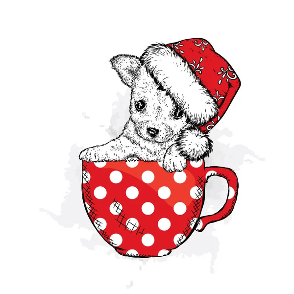 Um filhote de cachorro bonito no boné de um Ano Novo e óculos está sentado em uma xícara. Ano Novo e Natal. Cão Pedigree. Ilustração vetorial . — Vetor de Stock