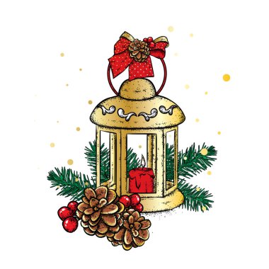 Bir mum ile güzel vintage fener. Güzel bullfinches. Vektör çizim. Festival kartpostal. Yeni yıl ve Noel.