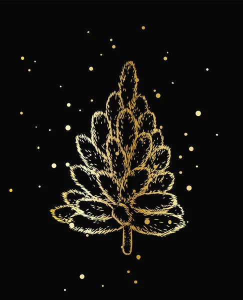 Gouden kerstboom op een zwarte achtergrond. Klaar ontwerp van een New Year's wenskaart, flyer, spandoek of poster. Vectorillustratie. — Stockvector