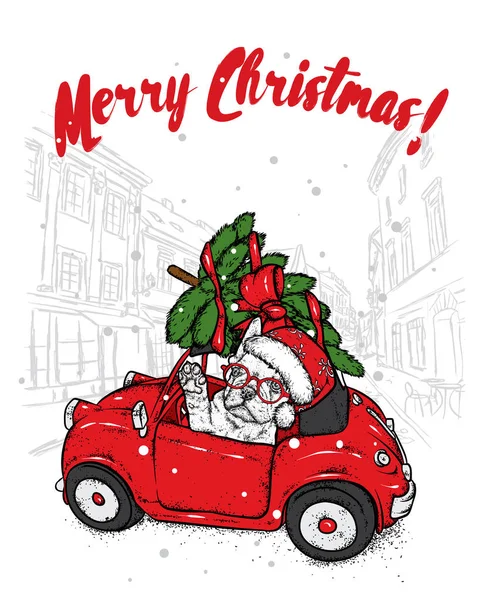 Cão engraçado em um carro retro com uma árvore de Natal no telhado. Ilustração vetorial. Ano Novo e Natal. Cãozinho de raça pura . —  Vetores de Stock