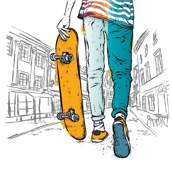 穿着牛仔裤和运动鞋的时髦滑雪者.滑板。明信片或海报的矢量插图,服装的印刷品.街头文化. — 图库矢量图片